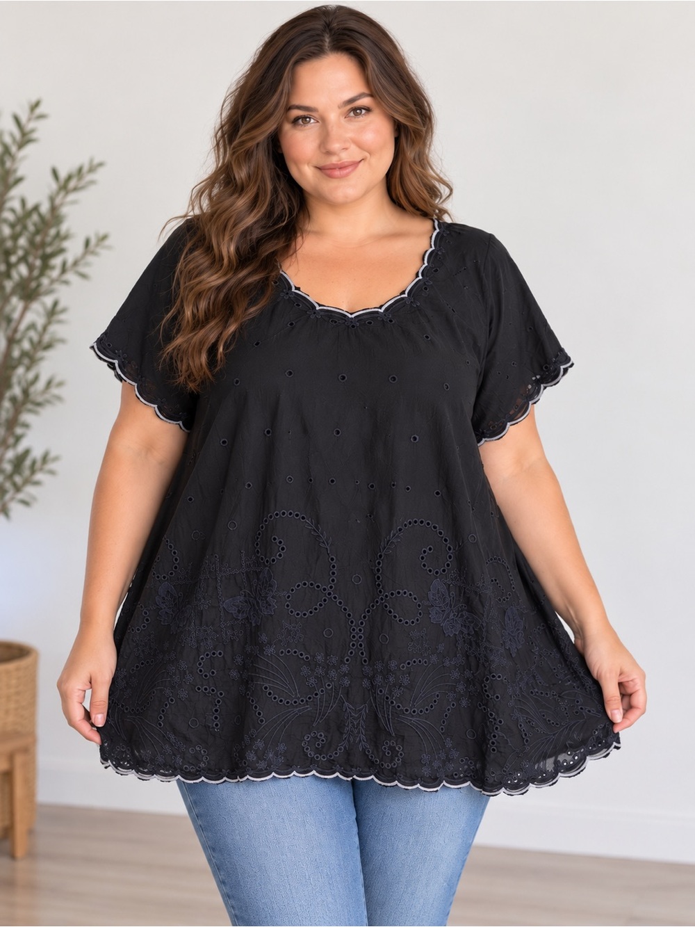 Johnny Was Black Embroidered Eyelet Flowy Tunic Scalloped Trim XL Bufferfly